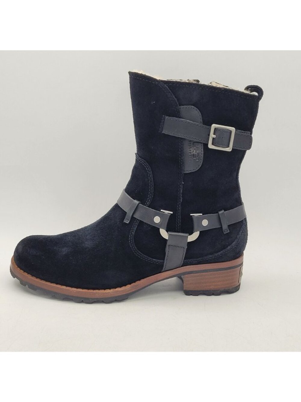 Ugg Australia Endell Womens 7.5 Black Suede Shearling Lined Moto Boots 9" NICE - Picture 2 of 16